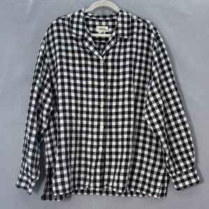 Talbots Linen Blend Long Sleeve Button Up Black White Gingham Blouse Size XLarge
